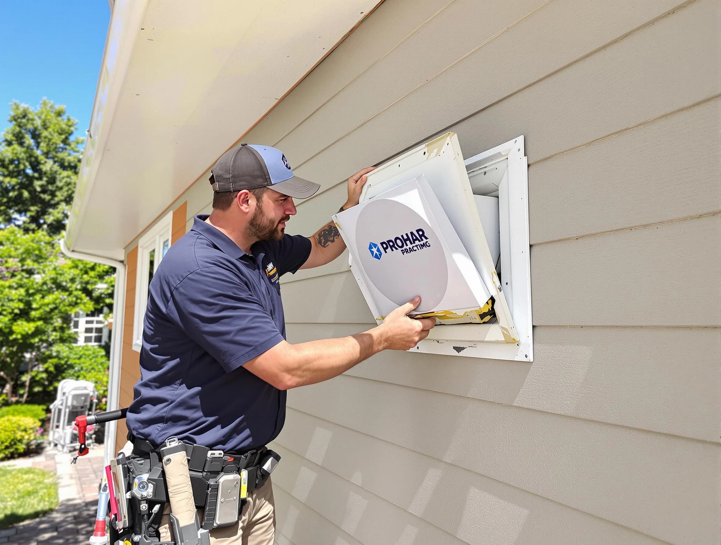 Cranston Dryer Vent Cleaning technician installing a new protective dryer vent cover on a home in Cranston