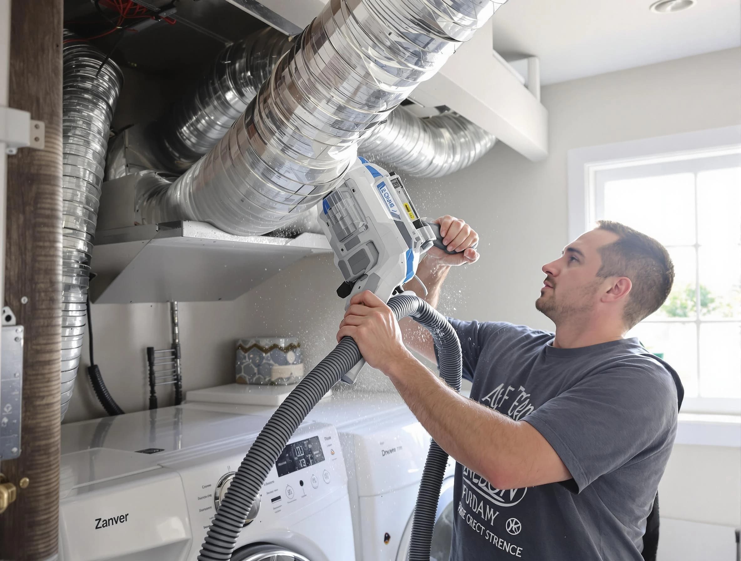 Cranston Dryer Vent Cleaning specialist cleaning deep within a dryer vent duct system in Cranston