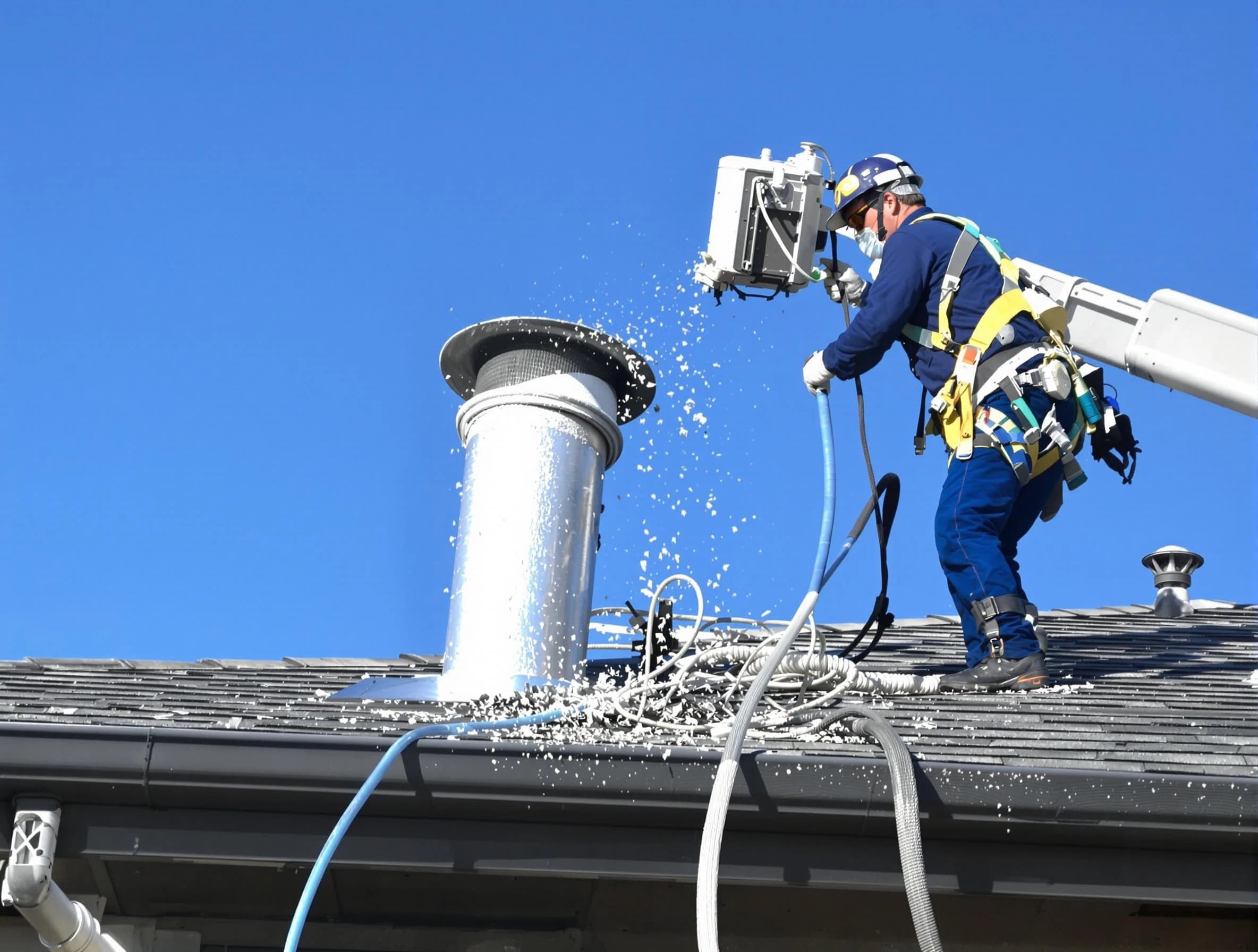 Cranston Dryer Vent Cleaning certified technician safely cleaning a roof-mounted dryer vent in Cranston