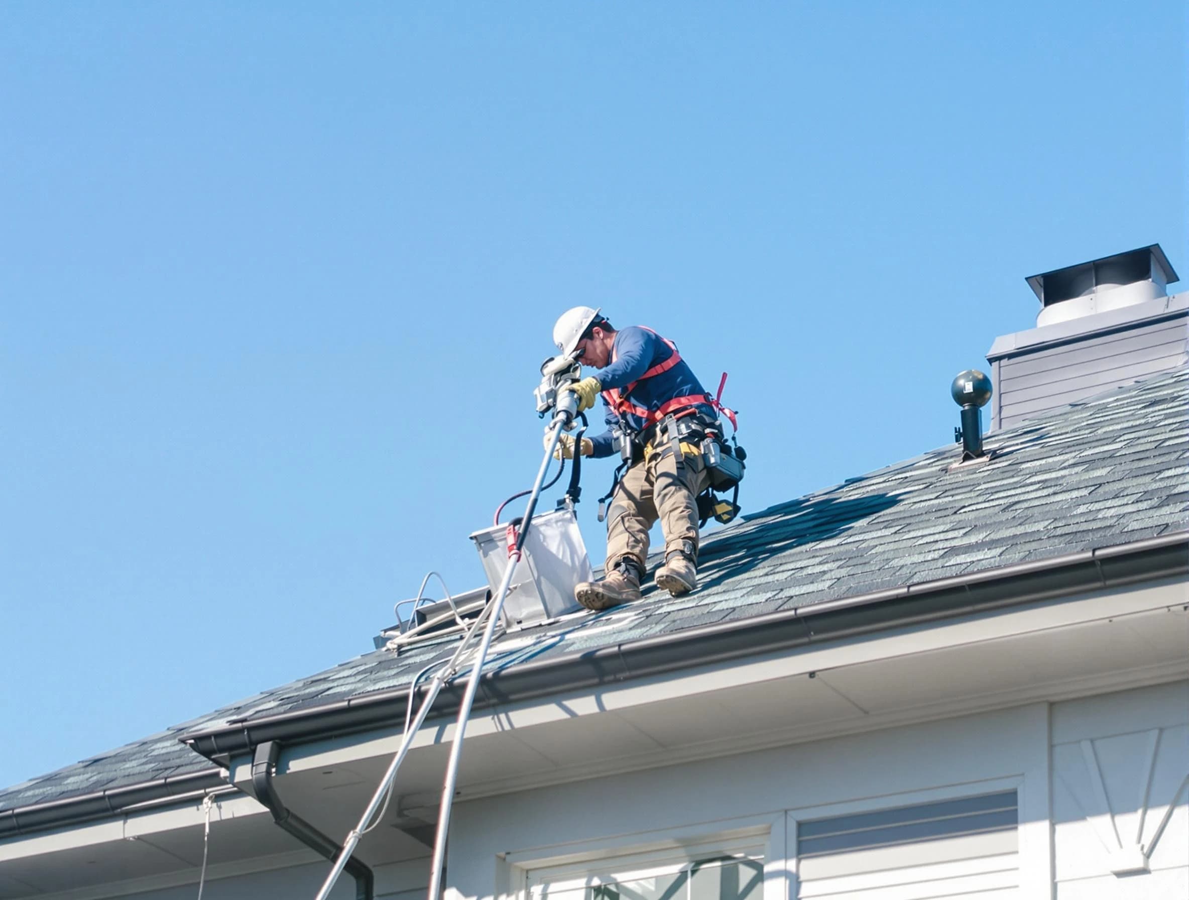 Cranston Dryer Vent Cleaning certified technician cleaning a roof-mounted dryer vent system in Cranston