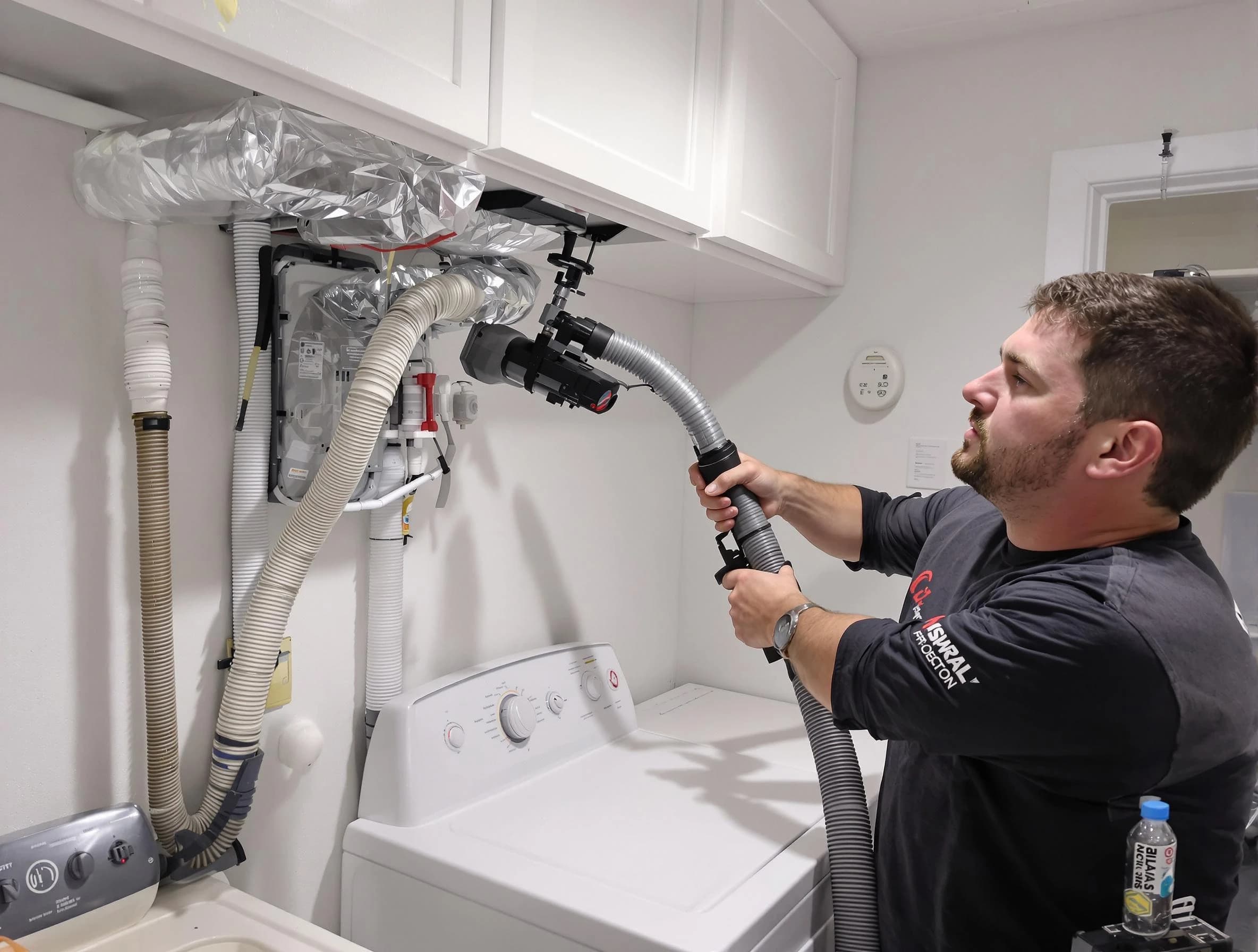 Cranston Dryer Vent Cleaning certified technician performing safety-focused gas dryer vent cleaning in Cranston