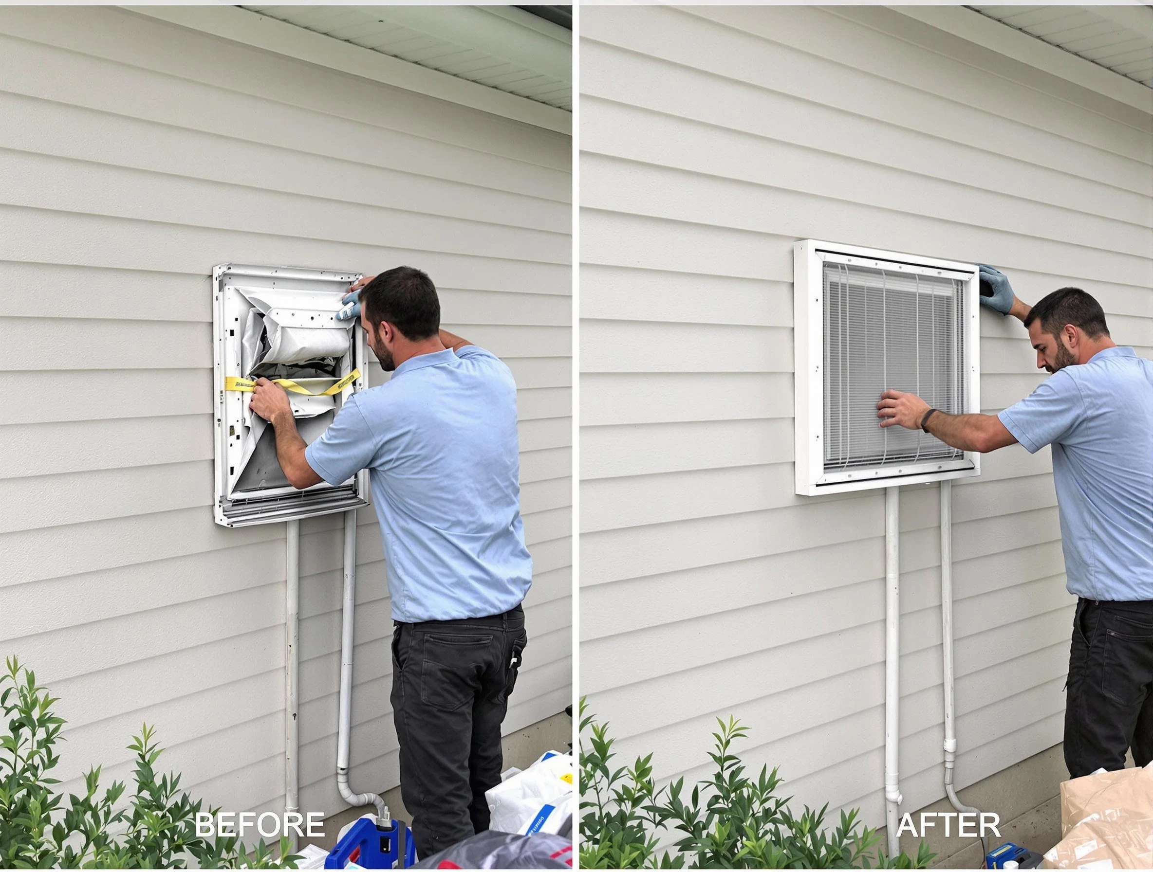 Cranston Dryer Vent Cleaning technician installing high-quality dryer vent cover at a residential property in Cranston